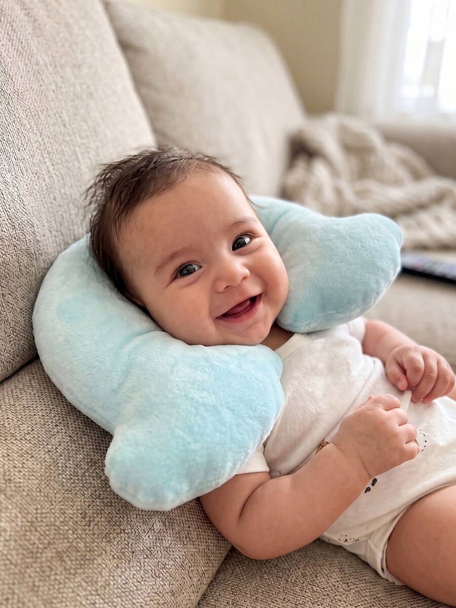 momscare 1pc Baby Stroller Accessory Pillow, Solid Color Striped Apricot, Moon & Cloud Shape, Suitable For Daily Use, 6-12 Months - Multicolor - View 1