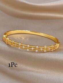 1Pc/Set 18K Gold Plated Elegant Copper Exquisite Paved Zirconia Rose Ruby Bangle Bracelet,Party,Daily,Christmas,Birthday Gift/Gala/Wedding/Halloween - Multicolor - View 13