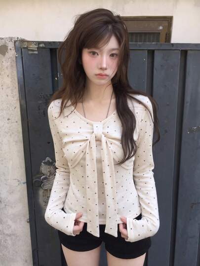 レディース ポルカドット Vネック リボンタイ 長袖Tシャツ 秋 セクシー ホットガール スリミング フィットトップ