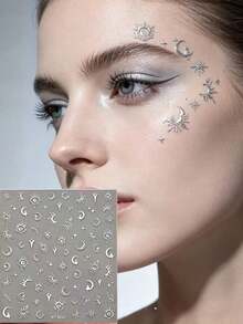 1pc Exotic Mysterious Silver Celestial Face Decor Sticker, 3D Silver Sun Moon Starburst Vintage Pattern, Create Cold Elegant Vintage Face Makeup Look, Performance Party Photoshoot Makeup Accent, Easy-To-Apply Makeup Sticker - Multicolor - View 1