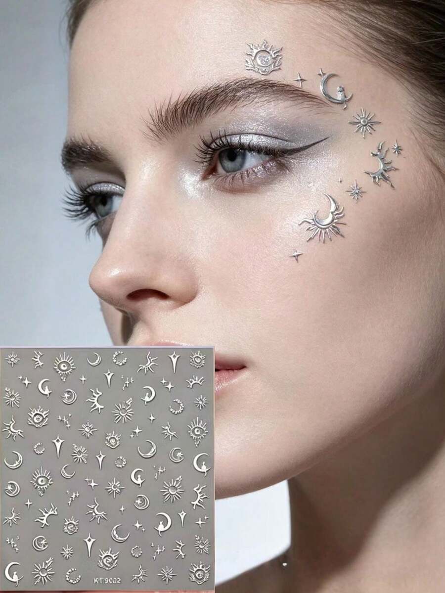 1pc Exotic Mysterious Silver Celestial Face Decor Sticker, 3D Silver Sun Moon Starburst Vintage Pattern, Create Cold Elegant Vintage Face Makeup Look, Performance Party Photoshoot Makeup Accent, Easy-To-Apply Makeup Sticker - Multicolor - View 1