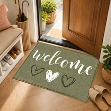1pc Olive Green Heart Pattern Printed Faux Cashmere Kitchen Mat, Absorbent Kitchen Floor Mat, Kitchen Rug, Long Runner Mat, Sink Front Mat, Suitable For Kitchen, Bathroom, Entryway, Hallway, Laundry Room And Home Decor - Multicolor - View 5