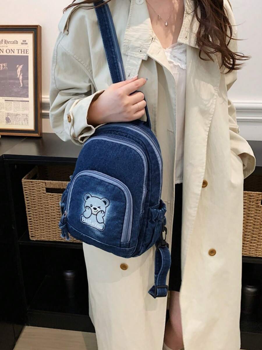 1pc Embroidered Bear Crossbody Chest Bag, Minimalist Casual Backpack - A - View 1