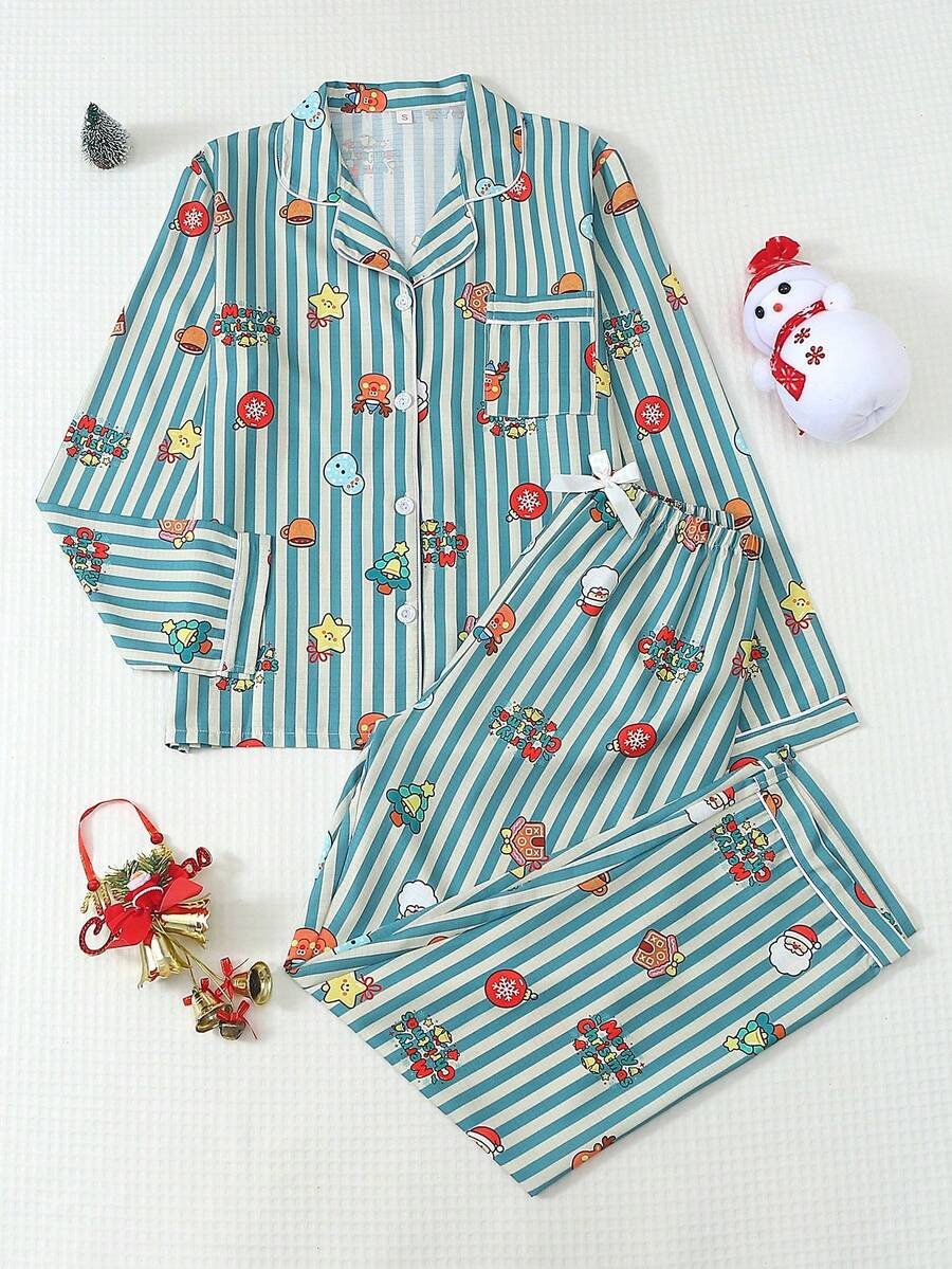 2pcs Set Comfortable Striped Christmas Element Long Sleeve Collared Top And Bow Pants Women's Pajama Set - Blue - View 1