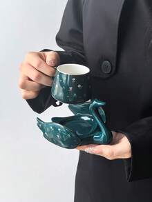 1 Set Ceramic Creative Swan Gold-Trimmed Coffee Cup & Saucer, Home Kitchen Restaurant Living Room 1 Cup 1 Saucer, Suitable For Tea/Coffee/Milk/Fruit Juice, Ideal For Outdoor Wedding Party Gift Birthday Christmas - Multicolor - View 8