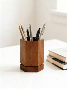 LEEAN 360° Rotatable Walnut Wood Pen Holder, Rotating Desktop Pencil Cup, Multi‑Purpose Wooden Organizer For Pens, Pencils, Makeup Brushes, Office Vanity Desk Storage Decor - 12.2*9cm - View 2