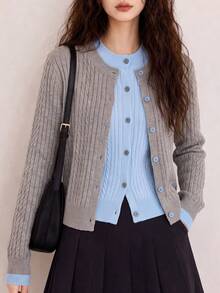 Women's Autumn/Winter Minimalist Casual Versatile Colorblock 2 In 1 Knit Cardigan Sweater Jacket - Grey - View 3