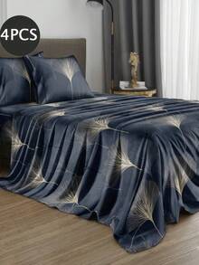 4-Piece Navy Blue Ginkgo Leaf Floral Pattern Bedding Set, Easy-Care Soft Bedding Set, Fitted Sheet Set (1 Flat Sheet + 1 Fitted Sheet + 2 Pillowcases), Suitable For King, Queen, Full, Twin Sizes, Deep Pocket Fitted Sheet Design, Pillowcases Up To 11.8 Inches, Soft And Breathable, Wrinkle-Resistant - Multicolor - View 2