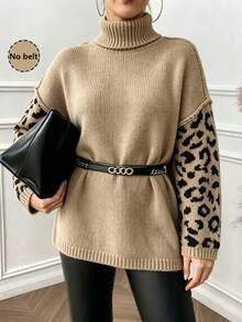 Áo len chui đầu dệt kim tay dài cổ cao họa tiết da báo phối mảng màu phong cách thời trang thường ngày size lớn - Màu Khaki - Xem 1