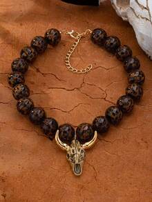 1/2pcs Leopard Print Stone Bead Double Bull Head Necklace, Multi-Layer Western Style Exaggerated Necklace, Vintage Cowboy Women's Jewelry - Multicolor - View 9
