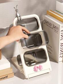 Bowknot 3‑Tier Slanted Makeup Brush Holder, Dust‑Proof Large Capacity Desktop Cosmetic Organizer, Portable Travel Storage Box For Lipstick Pens Markers, Brushes Not Included,Suitable For Desk, Office, Craft Room - Multi-Functional Storage Box - Multicolor - View 2