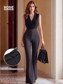 Pantalones acampanados de cintura alta y ajuste ceñido para mujer ROSIE POPHUB, pantalones de vestir formales con cremallera invisible lateral y tela elástica, pantalones casuales de negocios para oficina y desplazamientos - Negro - Ver 1
