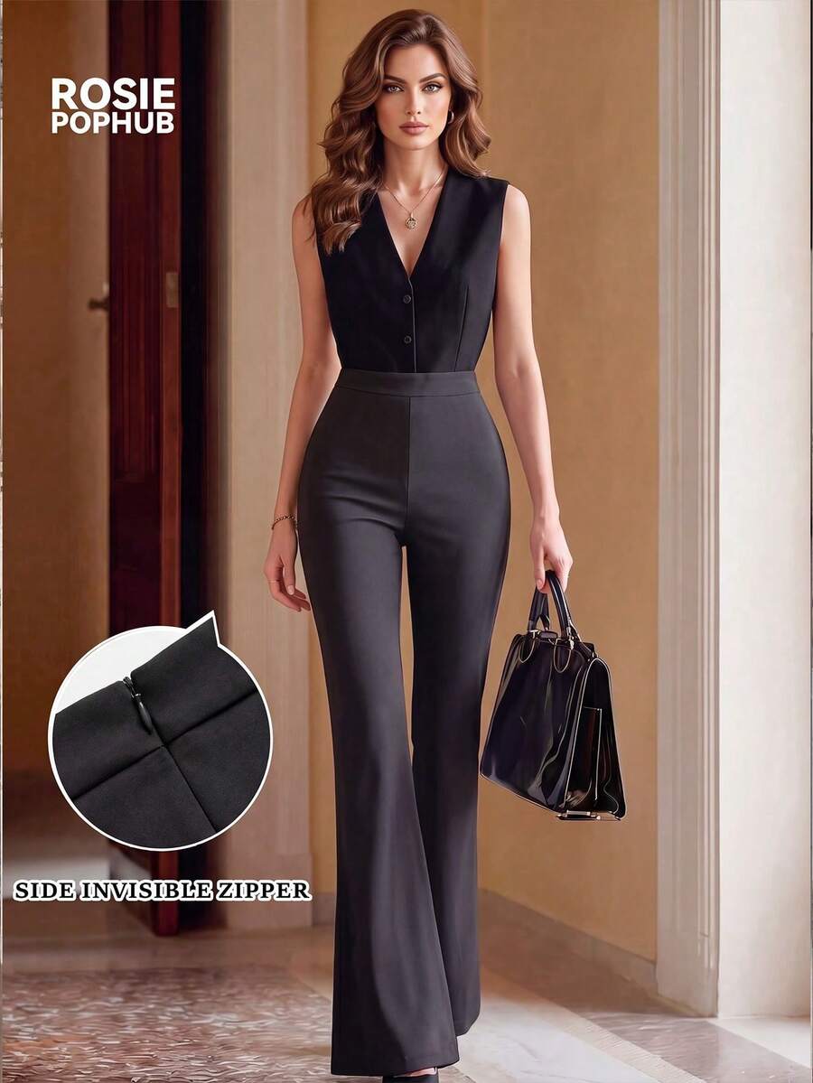 Pantalones acampanados de cintura alta y ajuste ceñido para mujer ROSIE POPHUB, pantalones de vestir formales con cremallera invisible lateral y tela elástica, pantalones casuales de negocios para oficina y desplazamientos - Negro - Ver 1