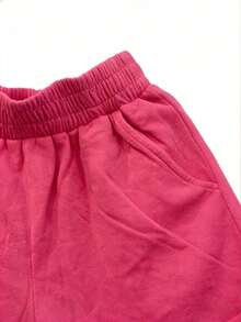 Women's Pink Rib-Knit Drop Shoulder Sweatshirt And Track Shorts Set, Casual Cute Two-Piece Outfit For Fall And Winter. - Watermelon Red - View 6