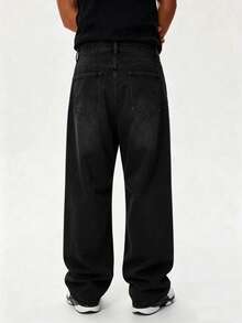 Men's Vintage Washed Distressed Casual Loose Straight Leg Jeans - Black - View 3