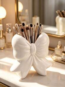 Cute Bow Shape Makeup Brush Holder, Ceramic Cosmetic Storage Organizer, Desktop Vanity Container For Brushes, Lipsticks, Beauty Supplies, Dresser Decor Accessory - Multicolor - View 2