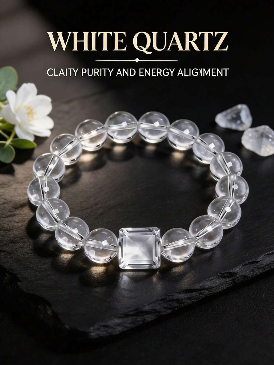 Quartz Beaded Bracelet, Helps Maintain Emotional Balance, Simple Style Skin-Friendly Elastic Cord Jewelry - White - View 1