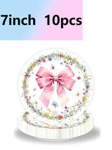 50件組春季花卉蝴蝶結主題派對餐具套裝：盤子、杯子與餐巾紙，適合露營、旅行及各種活動，生日慶祝完美選擇 - 彩色 - 查看 8