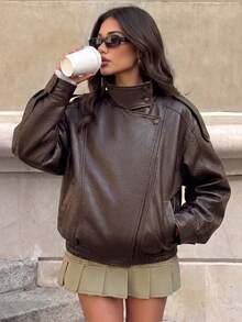 Women's Long Sleeve Stand Collar Faux Leather Jacket - Dark Brown - View 6