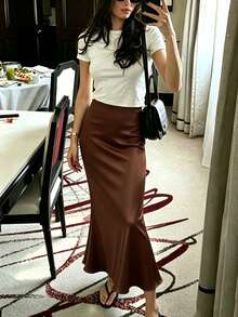 1 buah Rok Satin Kasual Elegan Warna Polos dengan Resleting, Cocok untuk Dipakai Sehari-hari di Musim Panas - Cokelat - View 4