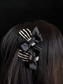 1pc Personalized Skeleton Ghost Hand Dark Gothic Style Girl Halloween Bow Hair Clip - Multicolor - View 3