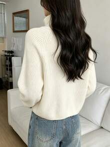 Women's Ribbed Knit Zip-Up Pullover Sweater, Regular Fit Long Sleeve Top For Autumn/Winter, Vertical Ribbed, Half-Zip Stand Collar Short Knit Sweater, Korean Minimalist Sexy Style, Solid Beige White, Short High-Waist Fit, Raglan Long Sleeve Half-Zip Ribbed Knit Top - White - View 3