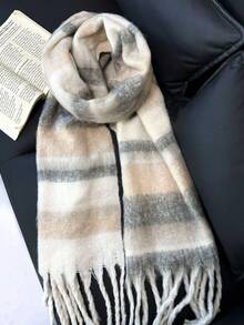 1pc Plaid Warm Decorative Tassel Scarf Suitable For Daily Use - Gray and White Stripes - View 3