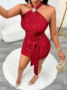Aliling Women's Autumn Party Sexy Solid Color Glitter Detail Metal Buckle Halter Neck Ruched Backless Tight Mini Dress, Waist Ribbon Design, Suitable For Party, Wedding Guest, Gathering, Club, Birthday, Homecoming Dance - Red - View 5