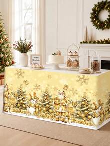 1pc Christmas Table Skirt, Vintage Gold Santa Claus Snowman Xmas Tree Pattern Polyester Rectangle Xmas Table Cover 5 Hook-And-Loop Fasteners, Festive Winter Holiday Kitchen Dining Table Decor Christmas Decorations For Home Dessert Table Cabinet Decor - Golden Santa Claus - View 9