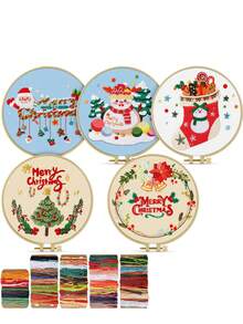 Adult Christmas Embroidery Set, 1 Set Of DIY Embroidery Starter Kit, Including Printed Patterns, Embroidery Hoops, Tools, Colored Threads And Needles, With Usage Instructions (Santa Claus/Snowman/Wreath/Christmas Socks/Christmas Tree/Bell Style) - A - View 1