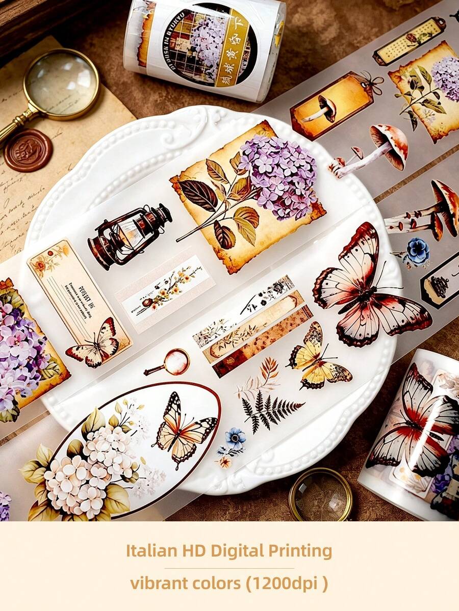 DANKUN 1 Roll 2m/Roll Vintage Floral Butterfly Wide Matte PET Sticker Roll, 1200dpi High Definition Decorative Wide Washi Tape, Suitable For Junk Journal DIY Handmade Collage Stationery Planner Notebook Scrapbook Accessories Stickers, Aesthetic Style
