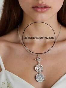 Witch Four-Line Diagram & St. Benedict Pendant Necklace, Triple Amulet, 50cm Stainless Steel Chain, Spiritual Jewelry Gift - Silver - View 3
