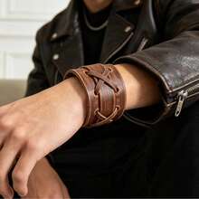 2pcs Vintage Texture Wide Bracelet, Suitable For Men's Daily Sports, Casual And Fashion Wear, Exquisite Texture Gift For Men - Brown - View 4