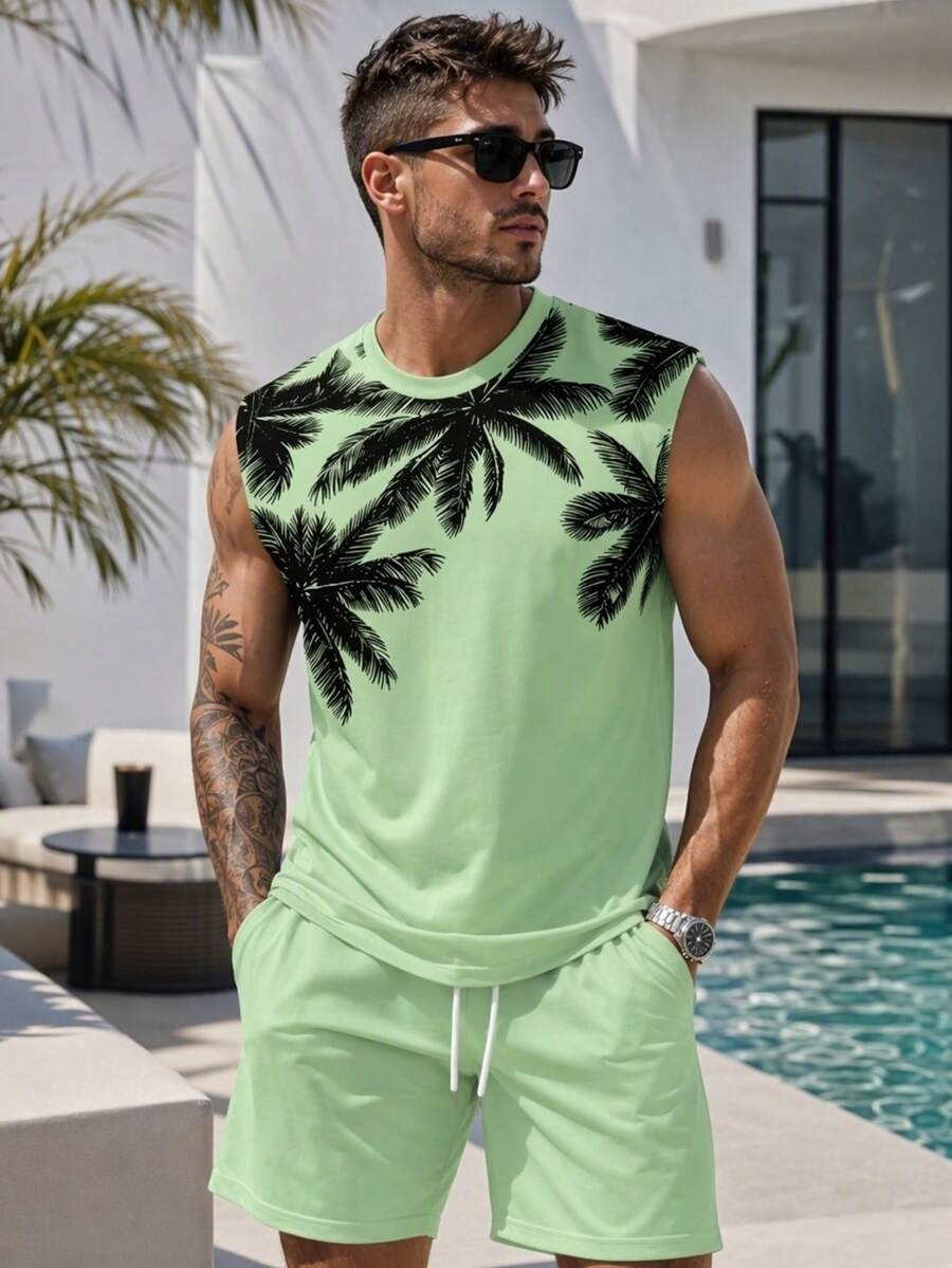 Men's Coconut Tree Pattern Sleeveless Tank Top Set, Men's Vacation Style Sleeveless Tank Top And Beach Shorts