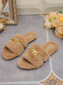 Women's Fashion Gold Chain Buckle Comfortable Soft Sole Plush Slippers, Soft Fuzzy Casual Style Autumn/Winter Daily Brown Bedroom Slippers, Plus Size - Apricot - View 6