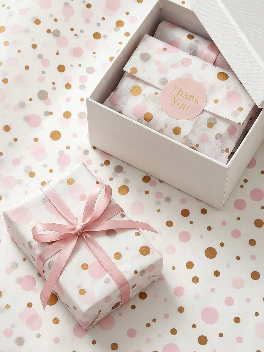 8/18/36/55 Sheets White And Pink Gold Mixed Polka Dot Pattern Tissue Paper, Suitable For DIY Crafts, Party Gifts, Bouquet Wrapping, Clothing Packaging And Birthday Gift Decoration - White Background With Pink and Gold Polka Dots - View 1