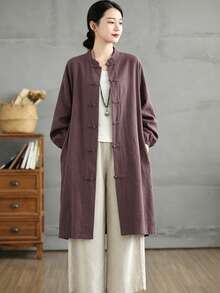 Women Vintage New Chinese Style Linen Long Tunic Coat, Stand Collar Frog Closure, Loose Fit Lantern Sleeve Solid Color Casual Open Front Jacket - Purple - View 5