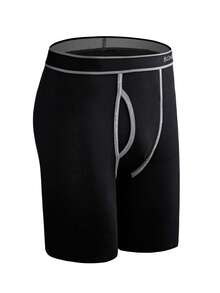 1pc Men's Long Leg Boxer Briefs With Front Opening, BONITOS Letter Waistband, Mid-Waist, Fashion Sports Shorts, Black - Black - View 10