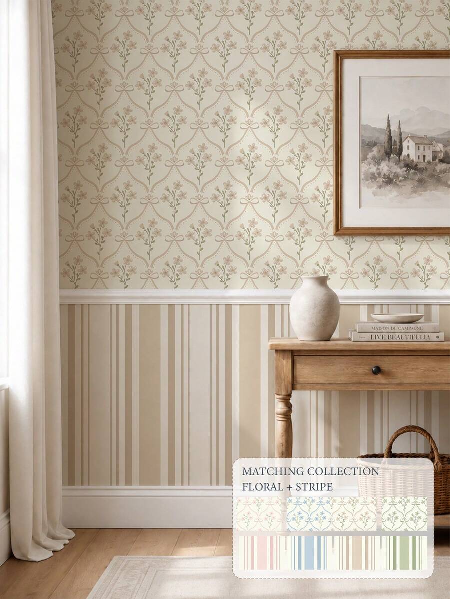 SUPSTICKER Matching Floral & Stripe Peel And Stick Wallpaper Collection, Self-Adhesive Removable Wallpaper For Living Room, Bedroom & Entryway, Choose Your Pattern - 1PC - View 1