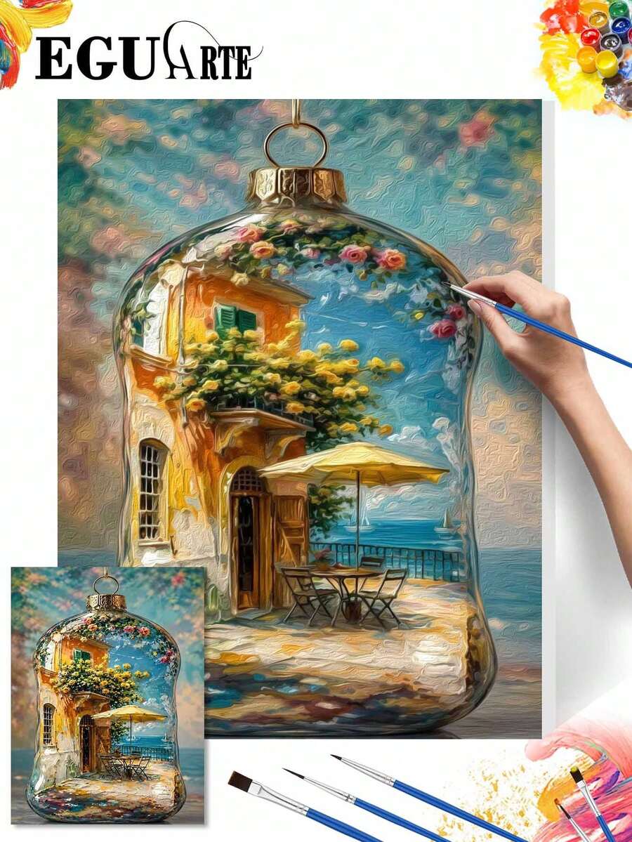 DIY Mediterranean Seaside Villa In Glass Ornament (Frameless 8x12 / 16x20 Inches) Paint By Numbers Kit (Acrylic) Arts & Crafts For Adult Beginners, Home Wall Decor, And Unique Holiday Gifts - Sets - View 1