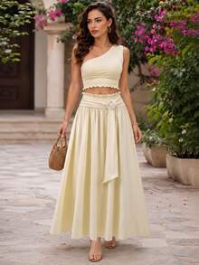 Elio Closet Women's Elegant Solid Color Fitted Summer Two Pieces Set, Minimalist Versatile Cropped Asymmetric Neck Sleeveless Top, Cinched Waist Ruched A-Line Maxi Skirt, Suitable For Beach Vacation, Work Commute, Festivals, Graduation Ceremony - Apricot - View 4