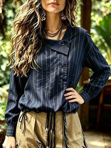 Women's Blue Striped Woven Shirt With Dropped Shoulders, Long Sleeves And Drawstring Hem, Bohemian Autumn Style - Navy Blue - View 4