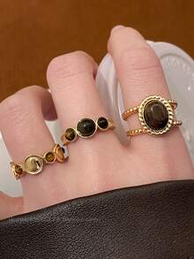 17KM 3pcs Simple Fashion Metal Geometric Faux Tiger Eye Stone Autumn/Winter Maillard Stackable Fashion Ring Set For Women, Vacation, Date, Gift, Daily Casual, Party, Wedding, Matching, Gift - Brown - View 6