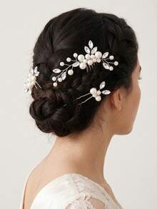 3pcs Elegant Faux Pearl & Rhinestone Twisted Hair Comb And U-Shaped Hair Pin Set, Forest Style Bridal Wedding Party Updo Hair Accessories, Beautiful Fairy-Like Pearl & Rhinestone Hair Ornaments, Versatile Hair Clips Combination For Wedding, Party, Photoshoot - Silver - View 10