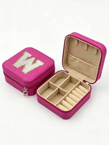 1pc PU Leather Jewelry Box, Large Capacity Jewelry Storage Box, Embroidered Letter Jewelry Organizer, Portable Travel Jewelry Storage Box, Suitable For Rings, Necklaces, Earrings, Etc., Travel Essential, Holiday Makeup Bag. - Multicolor - View 23