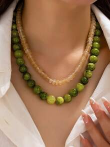 1/2pcs Thick Acrylic Ball Chain Semi-Gemstone Flat Round Bead Double Layer Necklace, Women's Daily Vacation Outfit Accessory - Multicolor - View 13