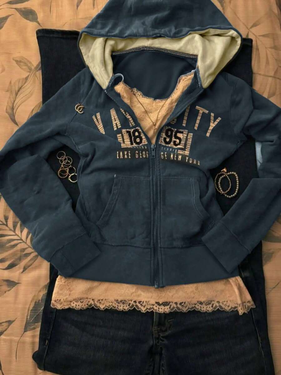 Women's American Street Style Hooded Zip-Up Sweatshirt, Y2K Letter Print Slim Fit Jacket - Teal Blue - View 1