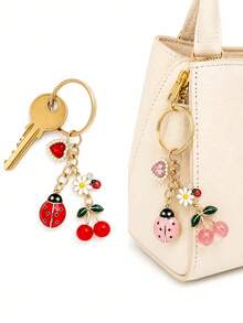 Enameled Alloy Ladybug Daisy Cherry Pendant, Cute Girly Backpack Charm, Ladybug Keychain With Small Daisy, Cherry, And Heart Rhinestone Combination - Multicolor - View 5