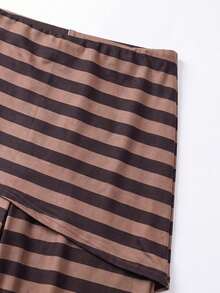 VIBEWAVE Brown & Black Striped Faux Two Pieces Skort, Low Waist Flared Long Casual Pants For Women, American Vintage Hot Girl Style, Spring/Autumn Streetwear Bottoms - Multicolor - View 10