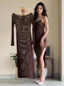 QUNGIGU Women Two Pieces Dress Set Sheer Mesh Long Sleeve Top Side Slit Bodycon Cami Long Apparel For Wedding Guest Going Out Dating - Brown - View 1